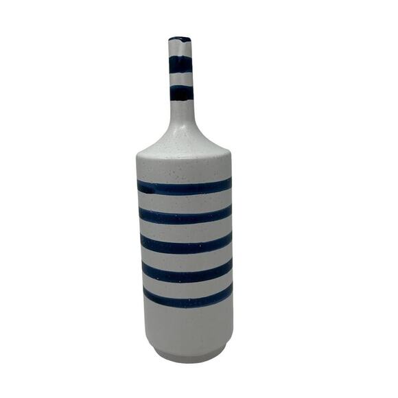 Crate and Barrel Terra Cotta Vase Blue Striped Gray Nautical Decor Hand Painted - Picture 2 of 14